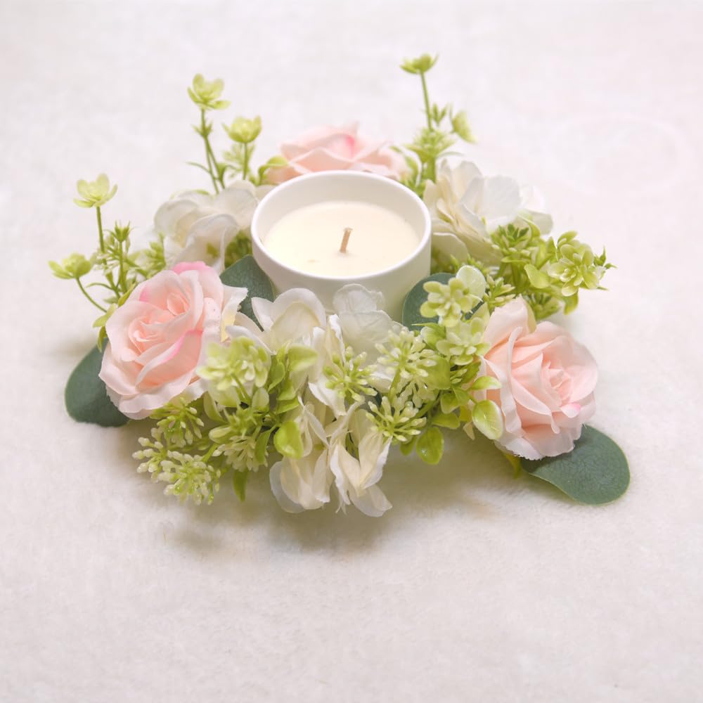 4 Pcs Candle Rings Wreaths,Artificial Hydrangea Wreath Candles Wreaths for Pillars Christmas Wedding Home Table Party Decoration (Pink)