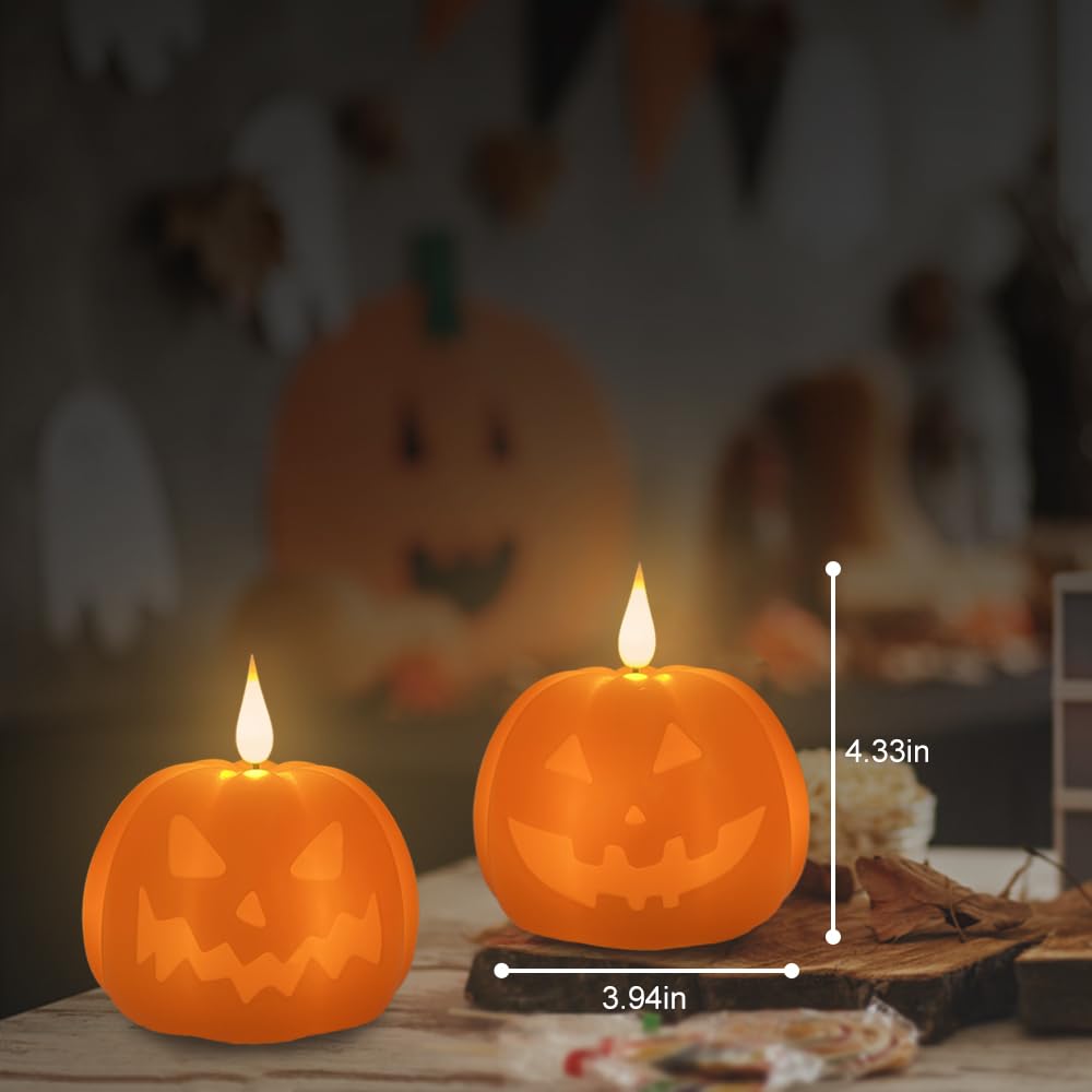 LEDHOLYT Rechargeable Halloween Decorations Flameless Candle, Flameless Pumpkin Candle with Timer & Remote,LED Real Wax Pumpkin LED Candles,Halloween Decorations, 1 Set of 2