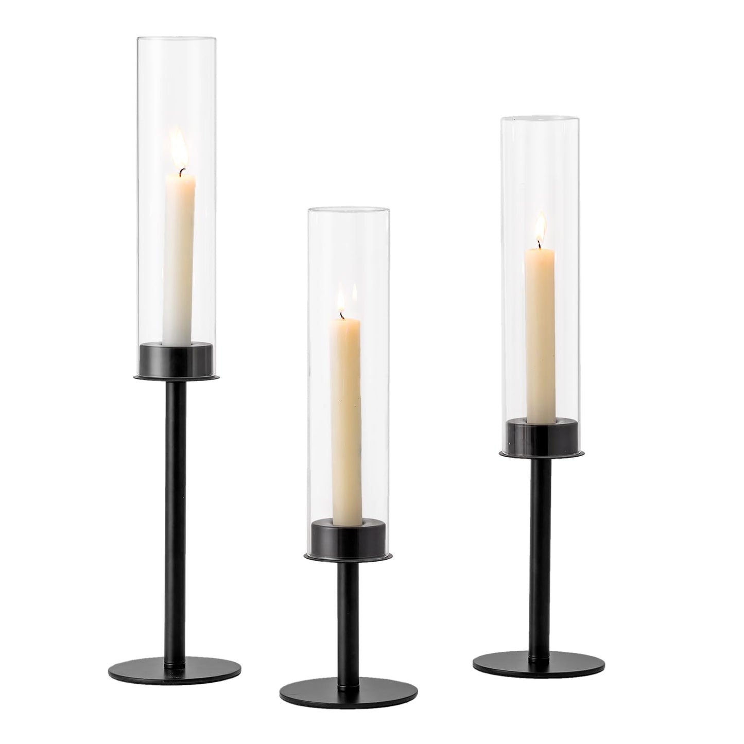 Hewory Black Candlestick Holders Hurricane Candle Holder, 3Pcs Candle Stick Candle Holder Candelabra, Taper Candle Holders with Glass Candle Cover for Wedding Table Centerpiece Christmas Decor