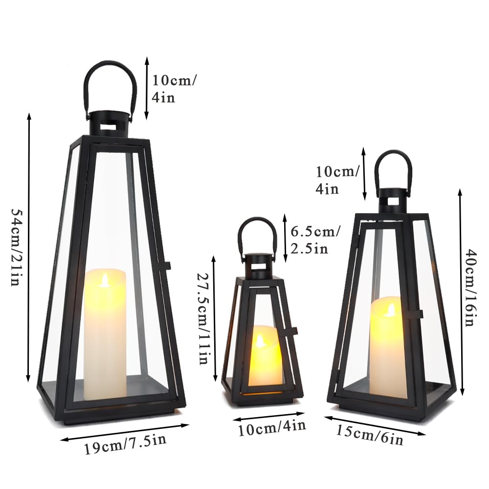 TRIROCKS Set of 3 Decorative Candle Lantern 11/16/21''H Metal Outdoor Candle Holder Hanging Lantern with Tempered Glass for Christmas Home Living Room Parties Event Indoors Outdoors (Black Triangle)