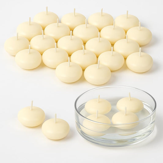 Super Z Outlet 1 3/4" Unscented Natural Color Water Floating Mini Candle Discs for Weddings, Home Decoration, Relaxation, Spa, Smokeless Cotton Wick. (24 Candles)