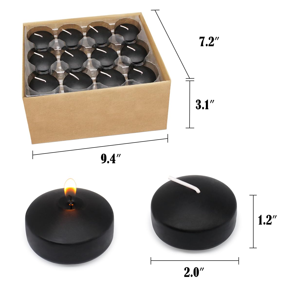 6 Hour Black Floating Candles, Unscented Small 2 Inch Dripless Pool Water Wax Candles for Cylinder Vase, Centerpiece at Wedding, Party, Pool, Holiday, Halloween, 24 Packs