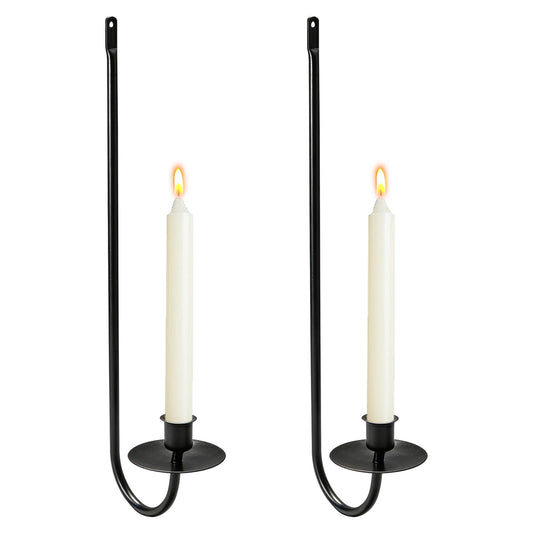 MrMrKura Wall Candle Sconces Set of 2, Metal Wall-Mounted Candle Holder for Taper Candles, Modern Wall Decoration for Farmhouse Fireplace Living Room (Black)