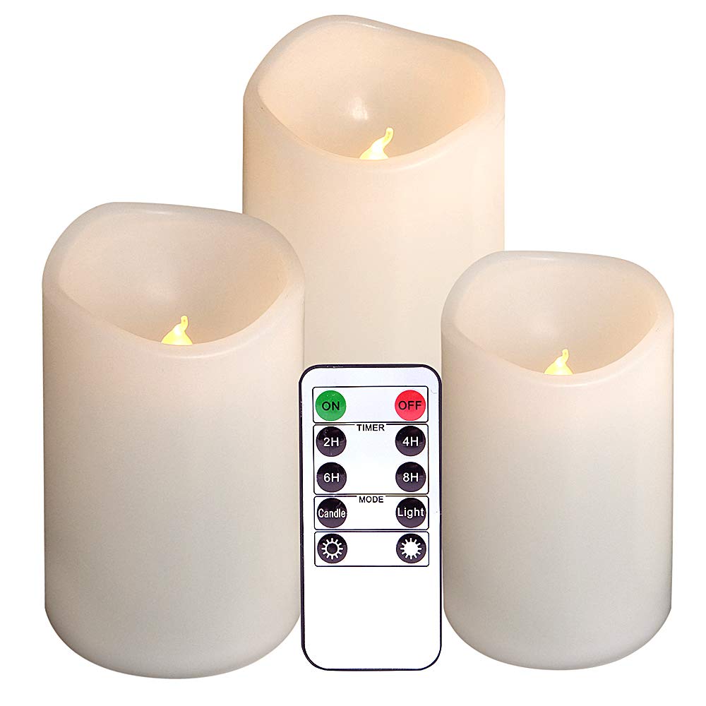 Eldnacele Waterproof Flameless Flickering Candles Weatherproof Battery Operated LED Candle with Remote and Timer White Plastic Pillar Candles Pack of 3 for Indoor Outdoor Lanterns D3”x H4” 5” 6”