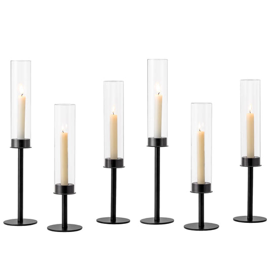 Hewory Black Candlestick Holders Hurricane Candle Holder, 6Pcs Candle Stick Candle Holder Candelabra, Taper Candle Holders with Glass Candle Cover for Wedding Table Centerpiece Christmas Decor