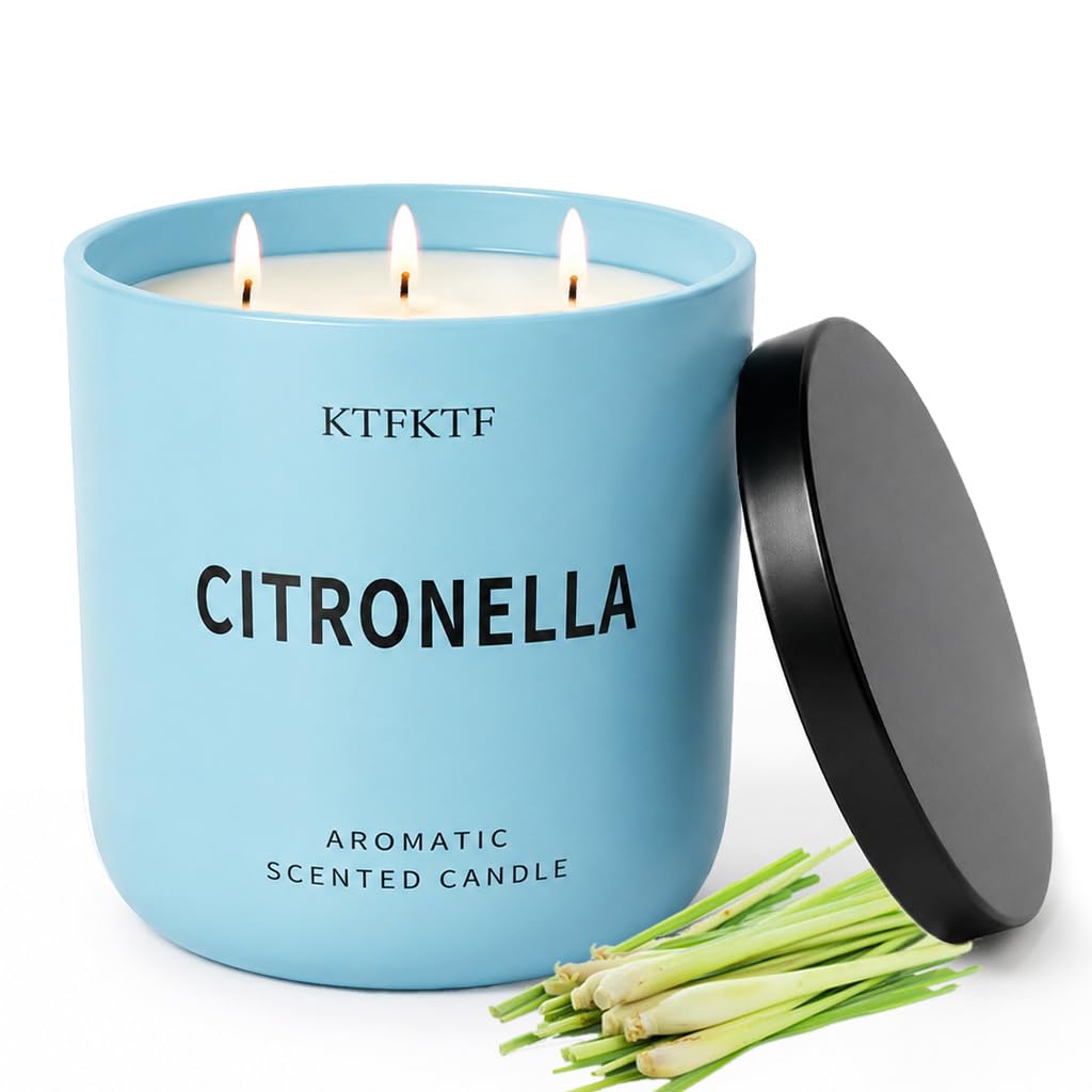 KTFKTF Citronella Candles Outdoor - 14.1oz Large 3 Wick Jar Candle with 80 Hour Burn, Natural Soy Wax, Non-Toxic Outdoor Candle for Patio, Camping, Backyard & Home