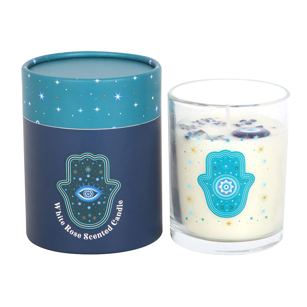 Hamsa White Rose Crystal Candle | 48 Hour Burn | Protective Spiritual Decor | Mystical Gift | Star Accent Glass Jar