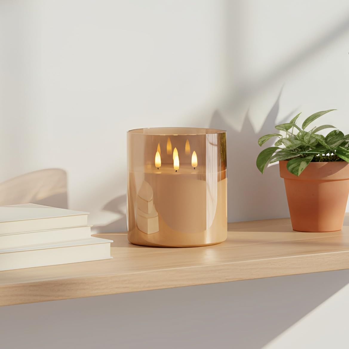 NICEME Extra Large 3 Wick Battery Operated Candle, 6"x6" Big Clear Glass Flameless Candles with Remote, Real Wax Flickering Led Pillar Fake Giant Candle for Wedding Party Holiday Home Decor, Gold