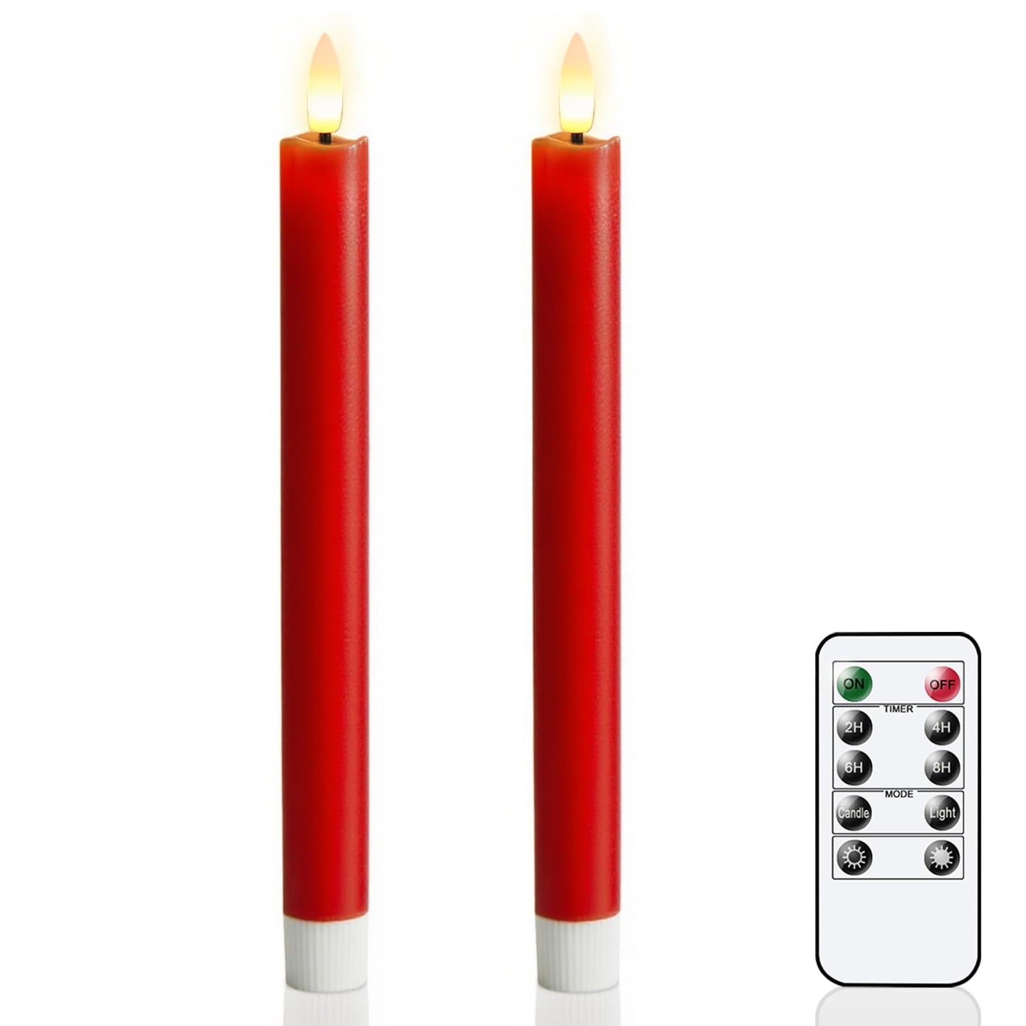 GenSwin Flameless Taper Candles with 10-Key Remote Timer, Set of 2 Red Real Wax LED Taper Candles Battery Operated, Flameless Candlesticks with 3D Wick for Halloween Christmas Decor(0.78” x 9.6”)