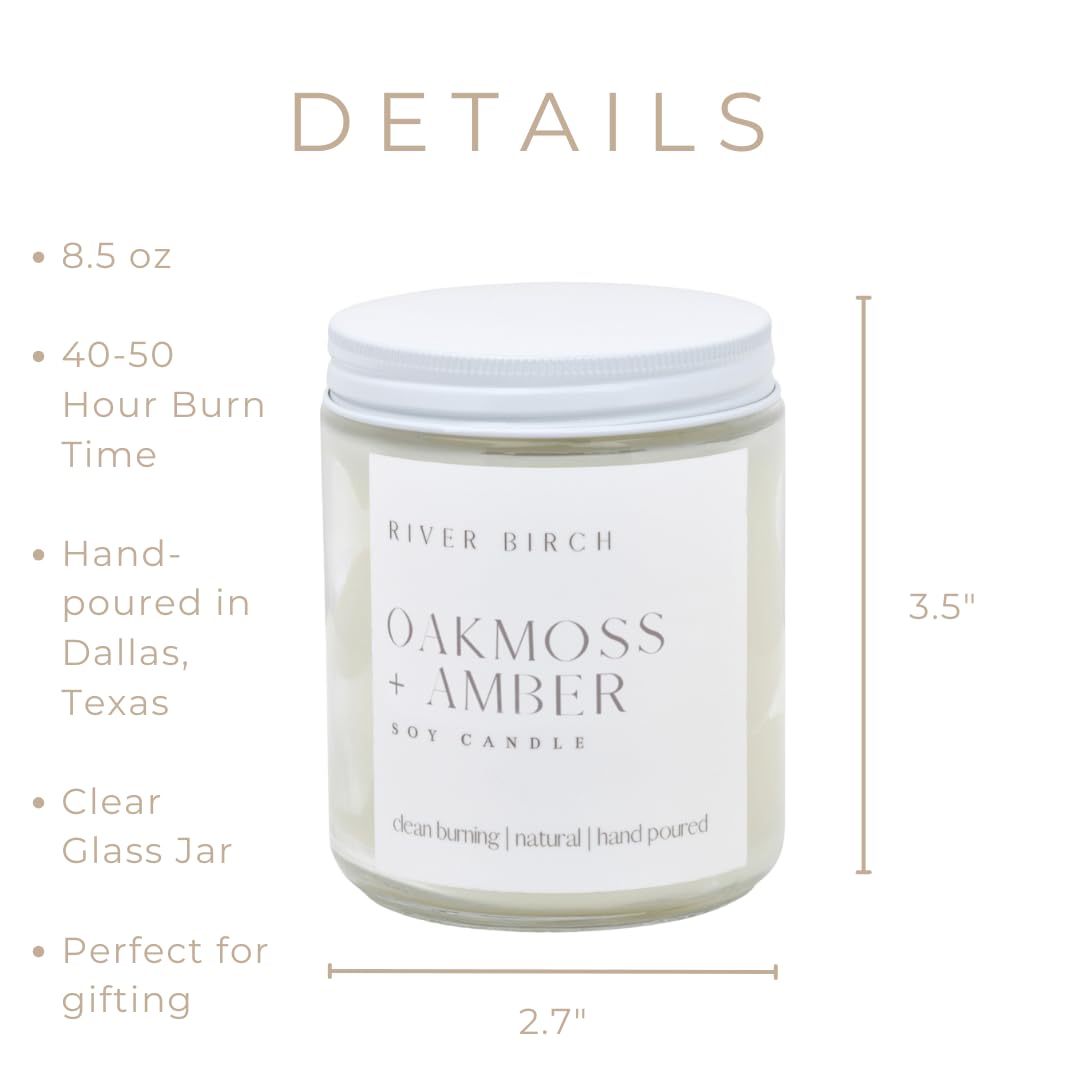 River Birch Candles Oakmoss + Amber Scented Candle | Premium, All-Natural, Non-Toxic, Soy Wax | 8.5oz 40 Hr Burn Time | Cozy Relaxing Gifts for Home