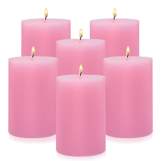 2.75“ x 4” Hand Poured Unscented Pink Candles, Dripless Pillar Candles Set of 6, Long Burning, Clean and Neat, Burn Time Approx. 90 Hours, Rustic, Weddings, Dinner Parties, Christmas, and Home Décor
