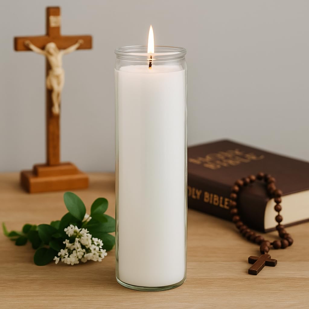 Estrella Blanca 2x8 Inch Unscented Devotional Prayer Candle – Single Long-Burning White Religious Candle in Clear Glass Jar for Altars, Memorials, Baptism & Spiritual Reflection