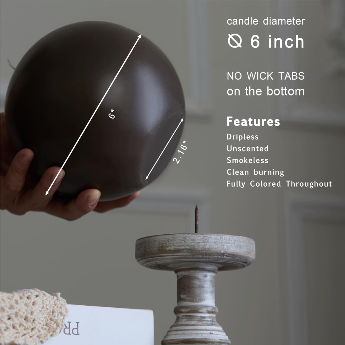 MOZEAL Hand-Poured, 6 Inch Taupe Large Round Ball Candles - Elegant Taupe Round Pillar Candles, Dripless, Unscented, Smokeless, Ideal for Modern Home Decor.