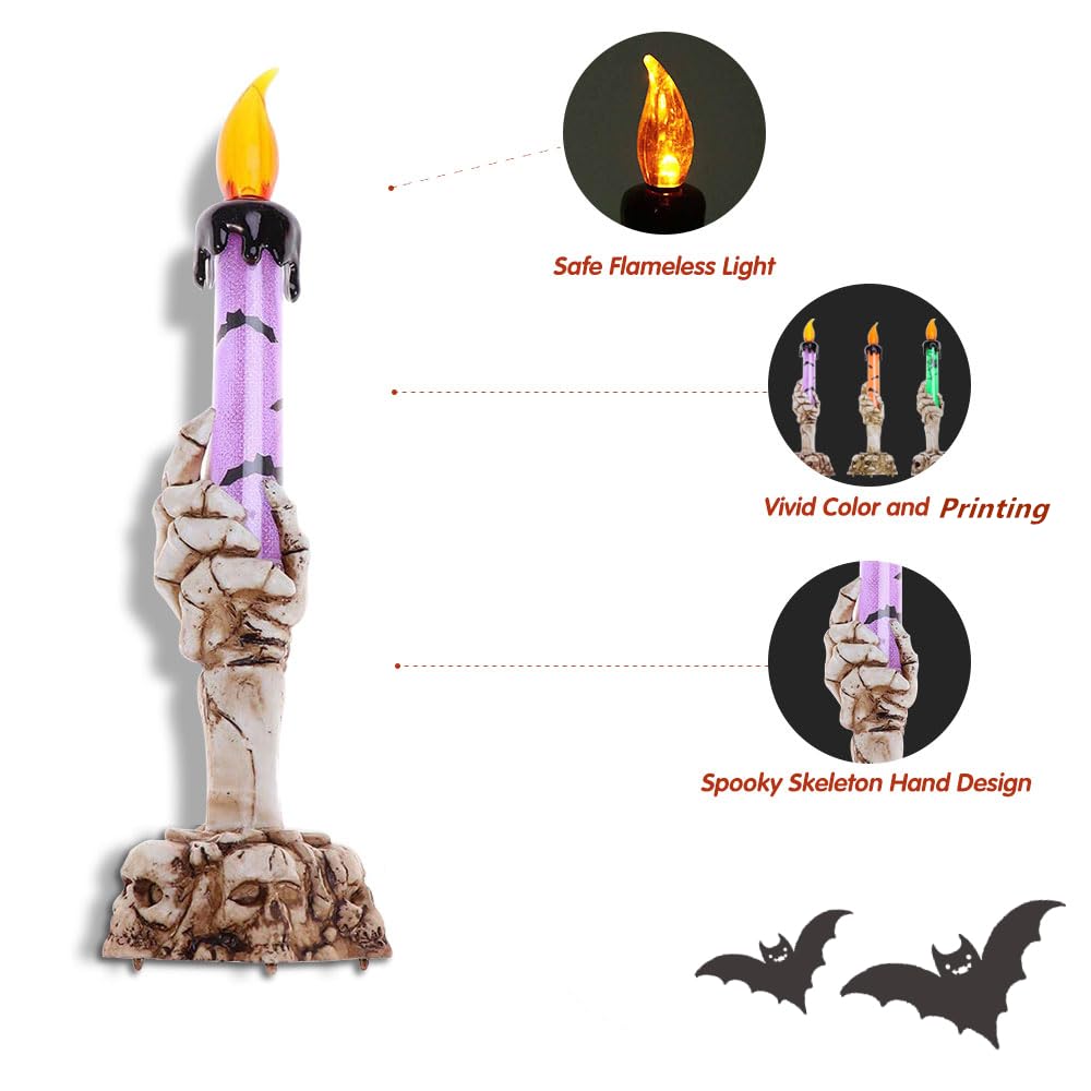 YBB 3 Pack Halloween Skeleton Hand Candle Holder Light, Skull Flameless Taper Candle Lamp for Halloween Party Table Centerpiece Spooky Decoration (Green, Orange, Purple)