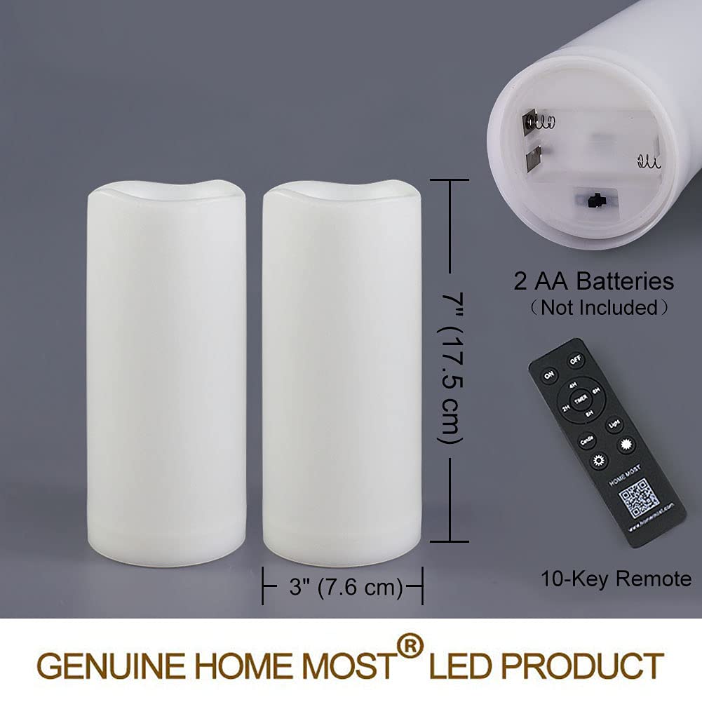 HOME MOST Pack of 2 Outdoor LED Pillar Candles 3x7 White with Timer and Remote - IP65 Waterproof Battery Operated LED Pillar Candles - Flickering Flameless Candle Unscented for Outside