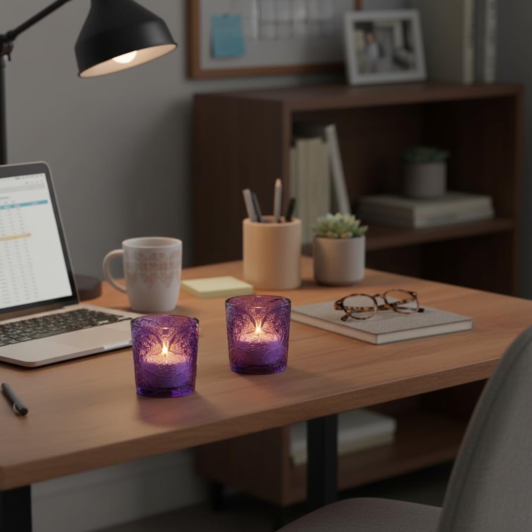 12 Pack Mandala Embossed Glass Candle Holders – Votive Tealight Holders with Patent Design, Decorative Embossed Glass Cups for Wedding Centerpieces, Parties, and Home Décor (Amethyst Bloom)