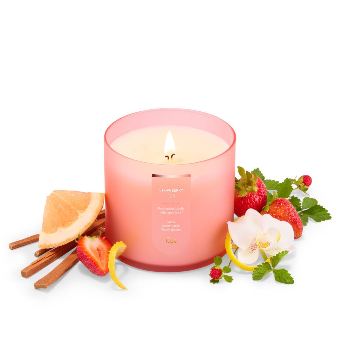 CUE Scented Candle | OpenWick Clean Burning | Soy Coconut Wax Blend | Spring | Summer | Clean Burning | Gift | Extended Burn Time (14oz, Strawberry Silk)