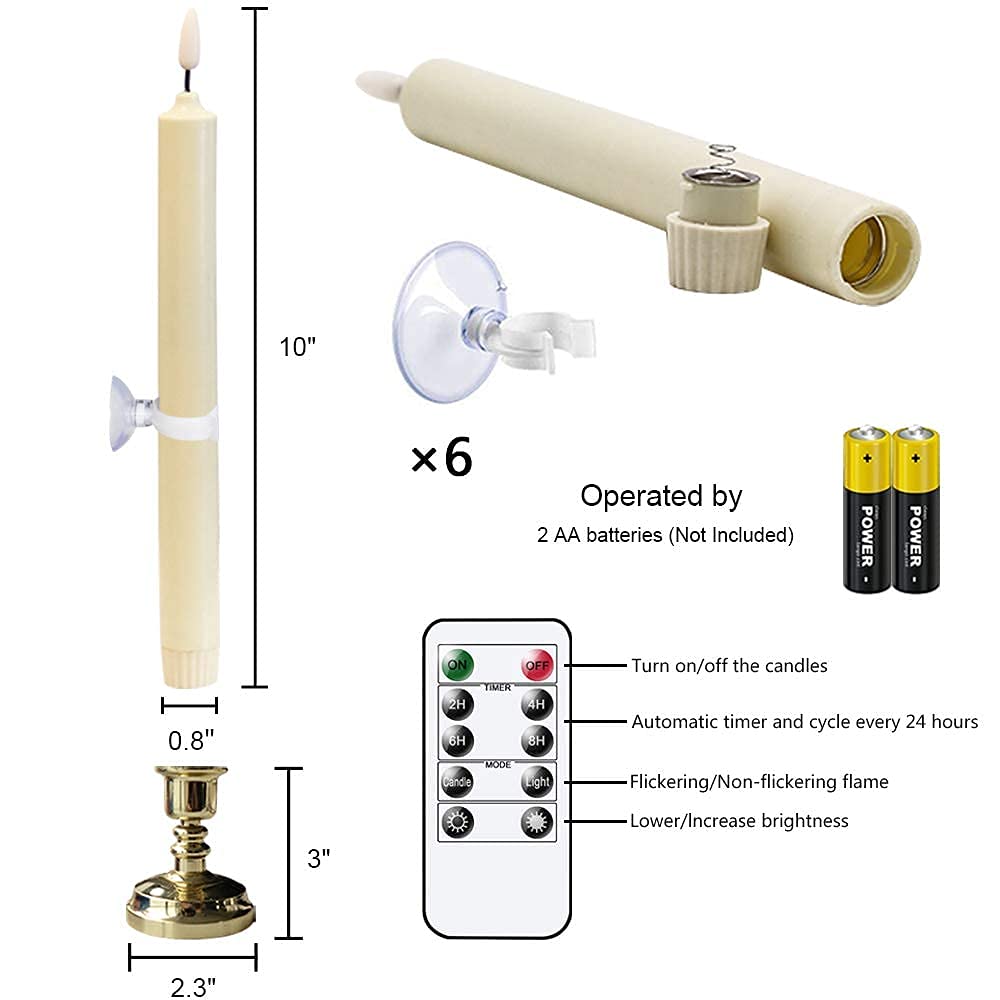 Wondise Flameless Window Candles with Timer & Remote, 10" Battery Operated 3D Wick LED Flickering Window Candles for Christmas Decoration, Removable Gold Holder and Suction Cups Included(6 Pack)