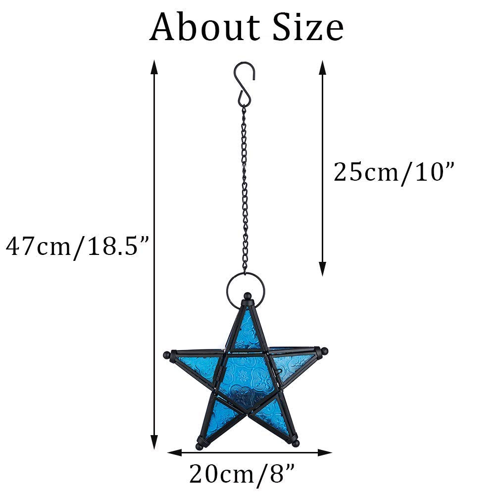Stunning Star Glass Votive Tea Light Candle Holder Hanging Lighting Lantern Wedding Birthday Party Home Garden Decoration (Blue)