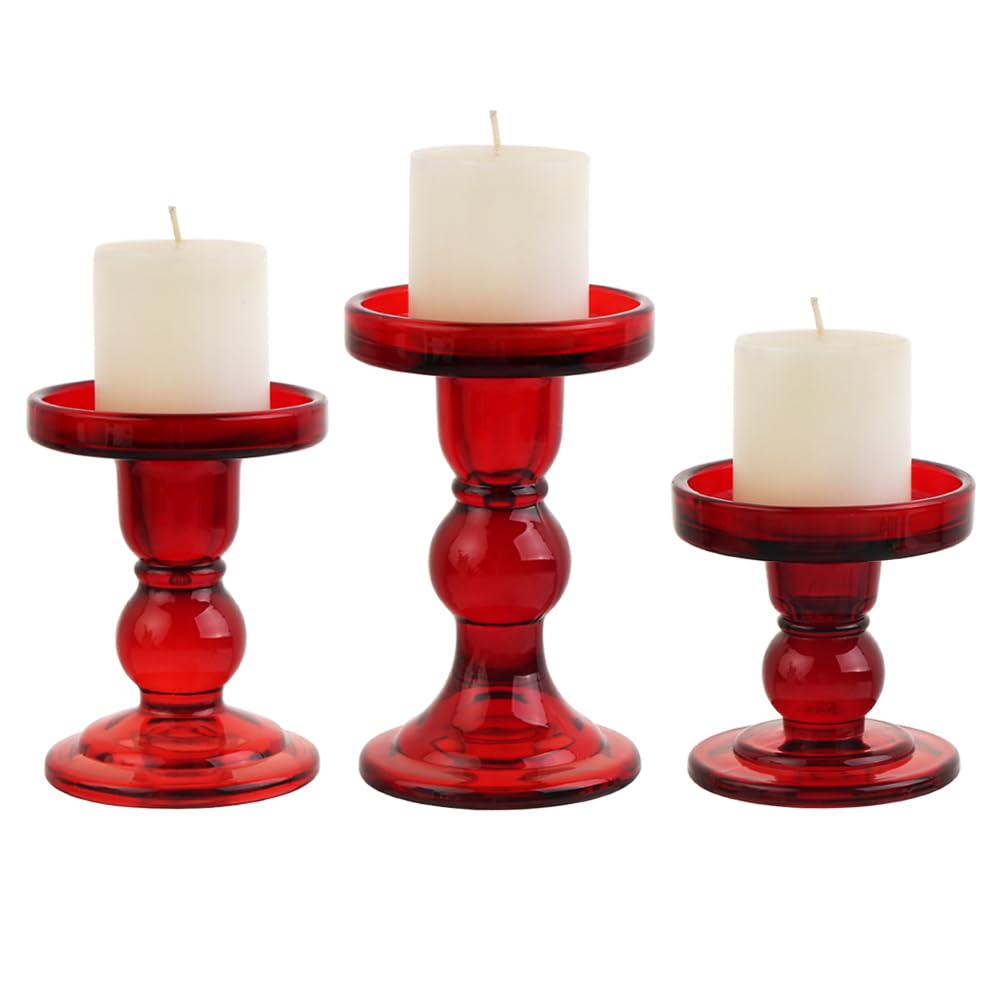BTGLLAS 3-Piece Set of Red Glass Candlestick, Crystal Candlestick Holder Holder and Conical Candle, Christmas Candle Holder Decoration, Family Living Room Wedding Candle Holder (red1set)