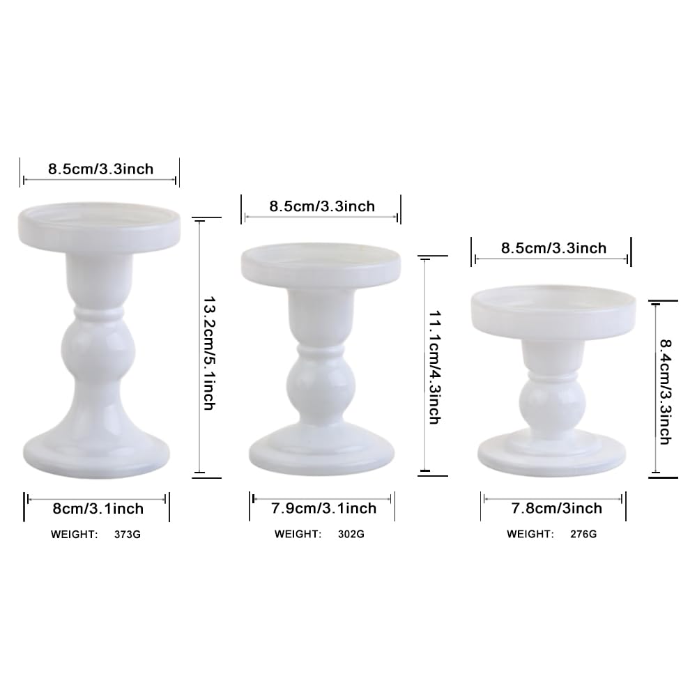 BTGLLAS 3-Piece Set of White Glass Candlestick, Crystal Candlestick Holder Holder and Conical Candle, Christmas Candle Holder Decoration, Family Living Room Wedding Candle Holder (white1set)