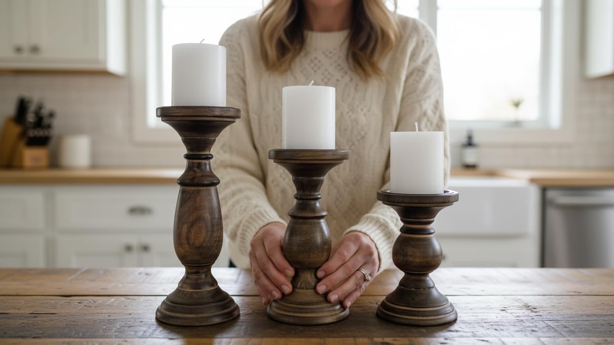 Candle Pillar Holder, Candle Holder Set of 3 Fall Wooden Candle Holder, Farmhouse Set for Table Centerpiece Home Decor-10,8,6 Inch