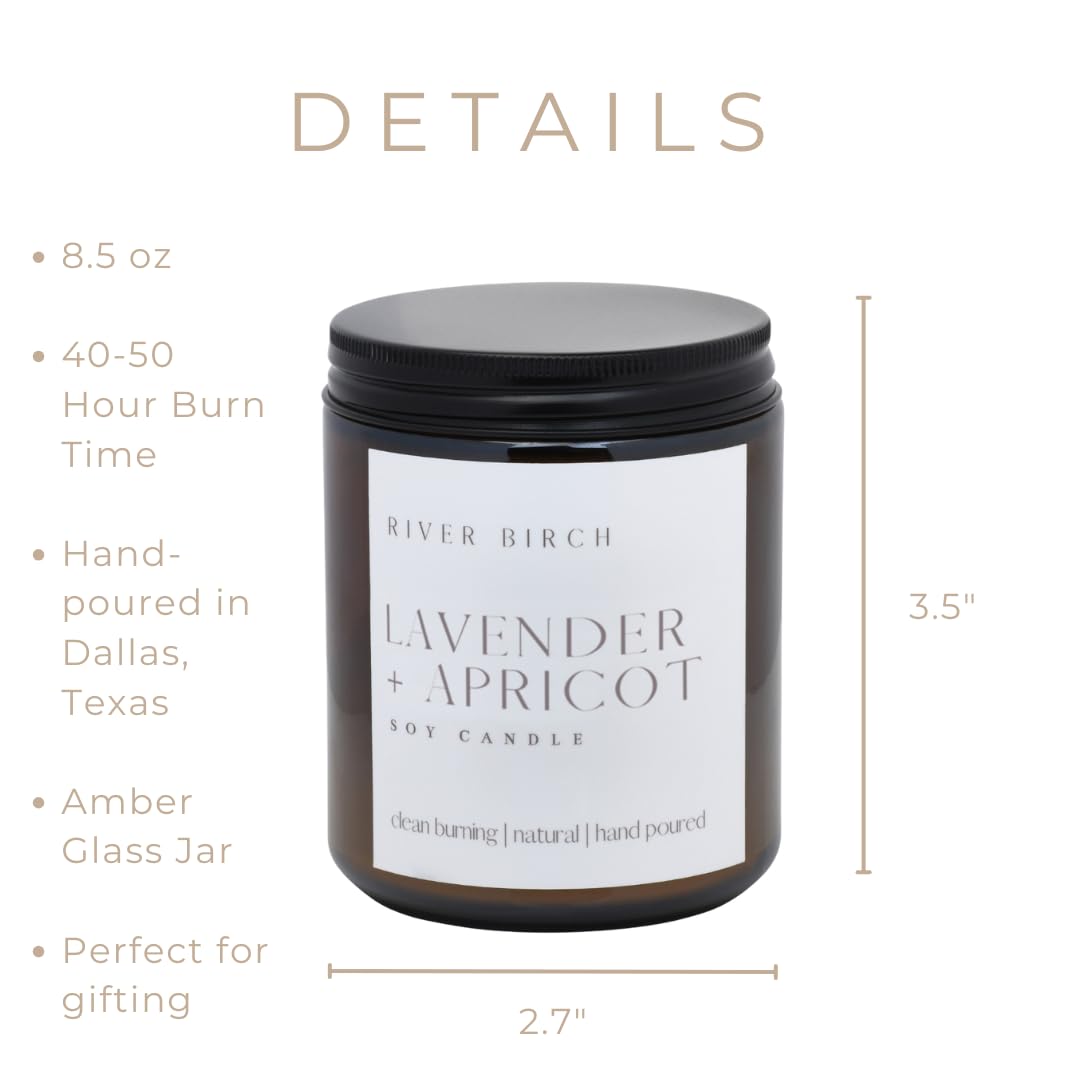 River Birch Candles Lavender + Apricot Scented Candle | Premium, All-Natural, Non-Toxic, Soy Wax, Amber Jar | 8.5oz 40 Hr Burn Time | Cozy Relaxing Gifts for Home