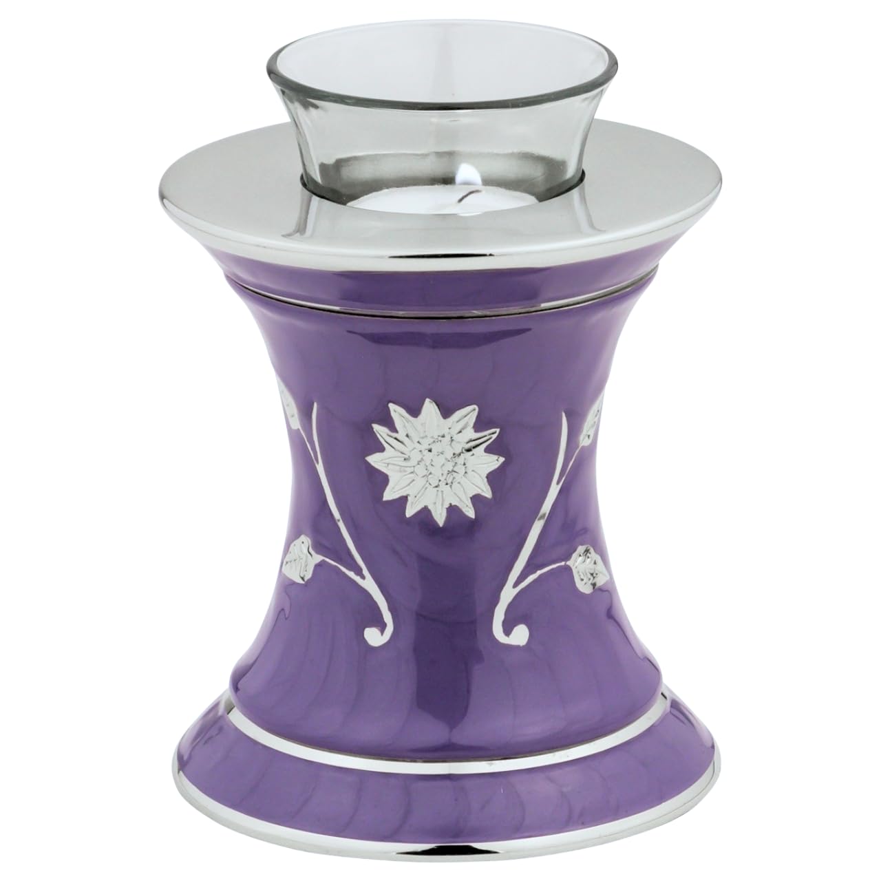 Grace Lavender Blue Tealight Cremation Urn for Ashes, Brass Memorial Candle, Purple and Silver, Extra Small Sized Cremation Urn, 5.5 Inches High