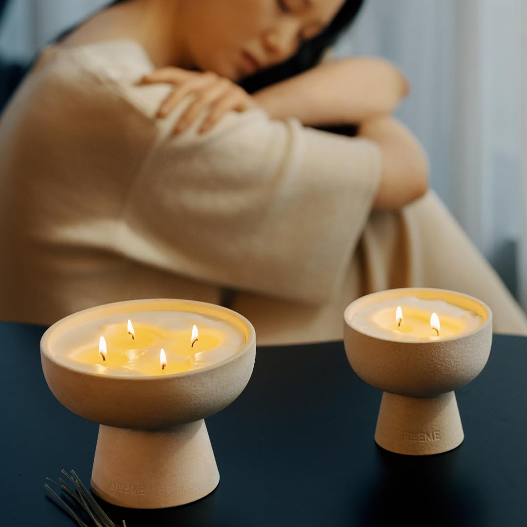 Blueme Sleep Candle | Lavender & Cypress | 2 Wick - Refillable Wellness Candle with Essential Oils, Hand Finished & Poured Soy Wax Blend Ceramic Vessel, Natural Cotton Wicks | Medium 12 oz