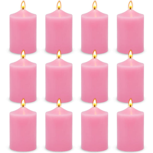 12 Pack 2x3 Inch Pink Pillar Candles, 22 Hours Dripless Smokeless Unscented Candles for Home Weddings Restaurant Spa Church and Emergency