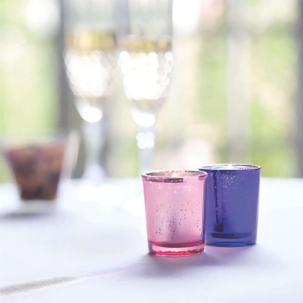 Fun Express Purple Mercury Glass Votive Holders - Elegant Shiny Glass Candles Holders for Home Decor Parties Weddings and Special Occasions - Perfect for Creating a Warm Ambiance - Set of 12 Pieces
