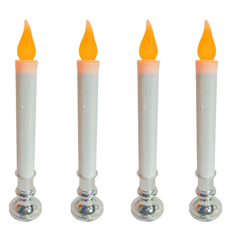 Christmas Window Candles with Timer - Set of 4 Battery Operated LED Flickering Candles (9 inch), 6/18H Auto On/Off, Silver Base for Indoor Table Decor, Holiday Party, Home Window Decorations