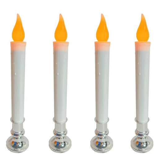 Christmas Window Candles with Timer - Set of 4 Battery Operated LED Flickering Candles (9 inch), 6/18H Auto On/Off, Silver Base for Indoor Table Decor, Holiday Party, Home Window Decorations
