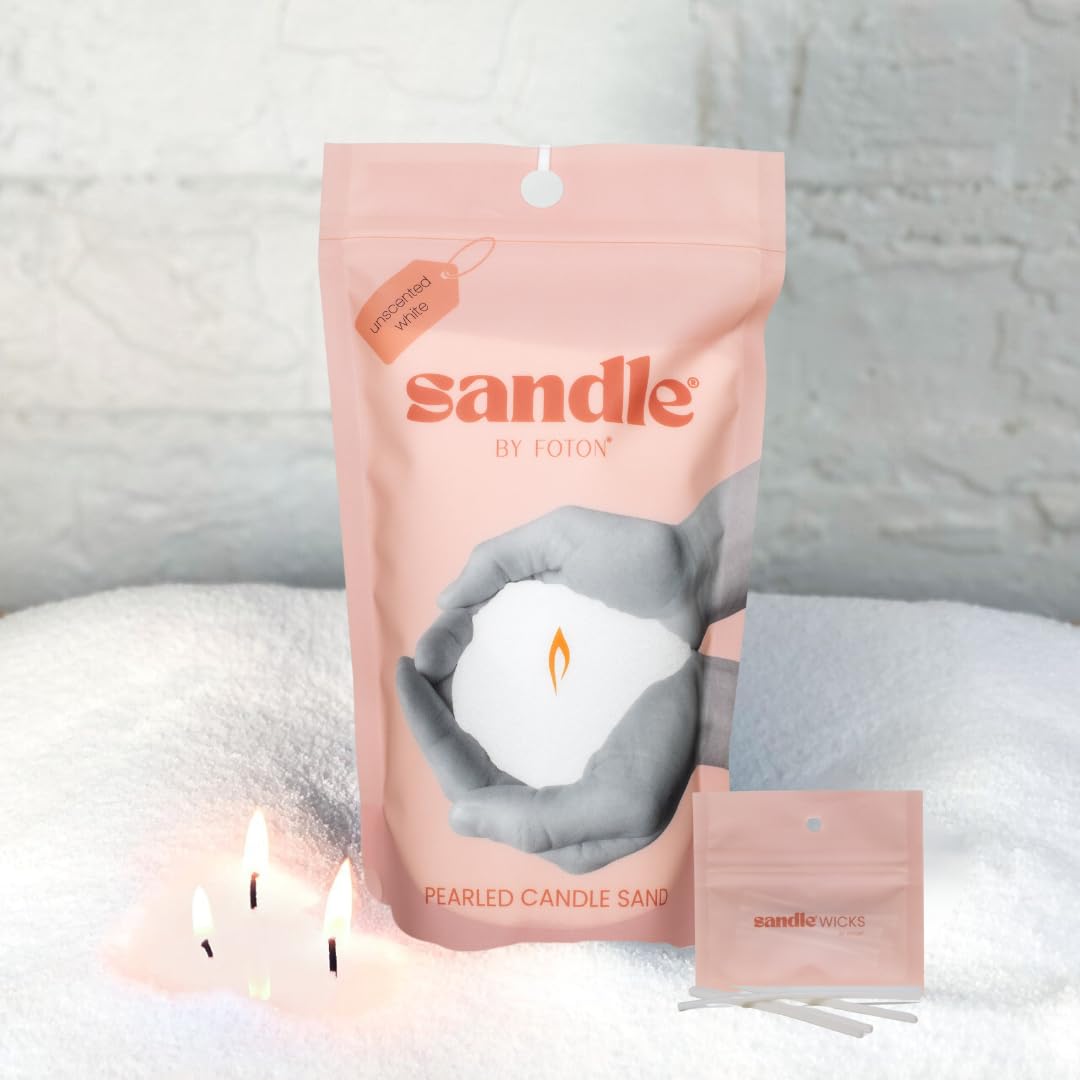 Sandle by Foton Pearled Candle Sand 10 Oz – White Unscented Safe Non Toxic Long Lasting Pearled Candle Wax up to 60 Hours - Refillable Unique Sand Candle Wax with 15 Candle Wicks for Candle Making