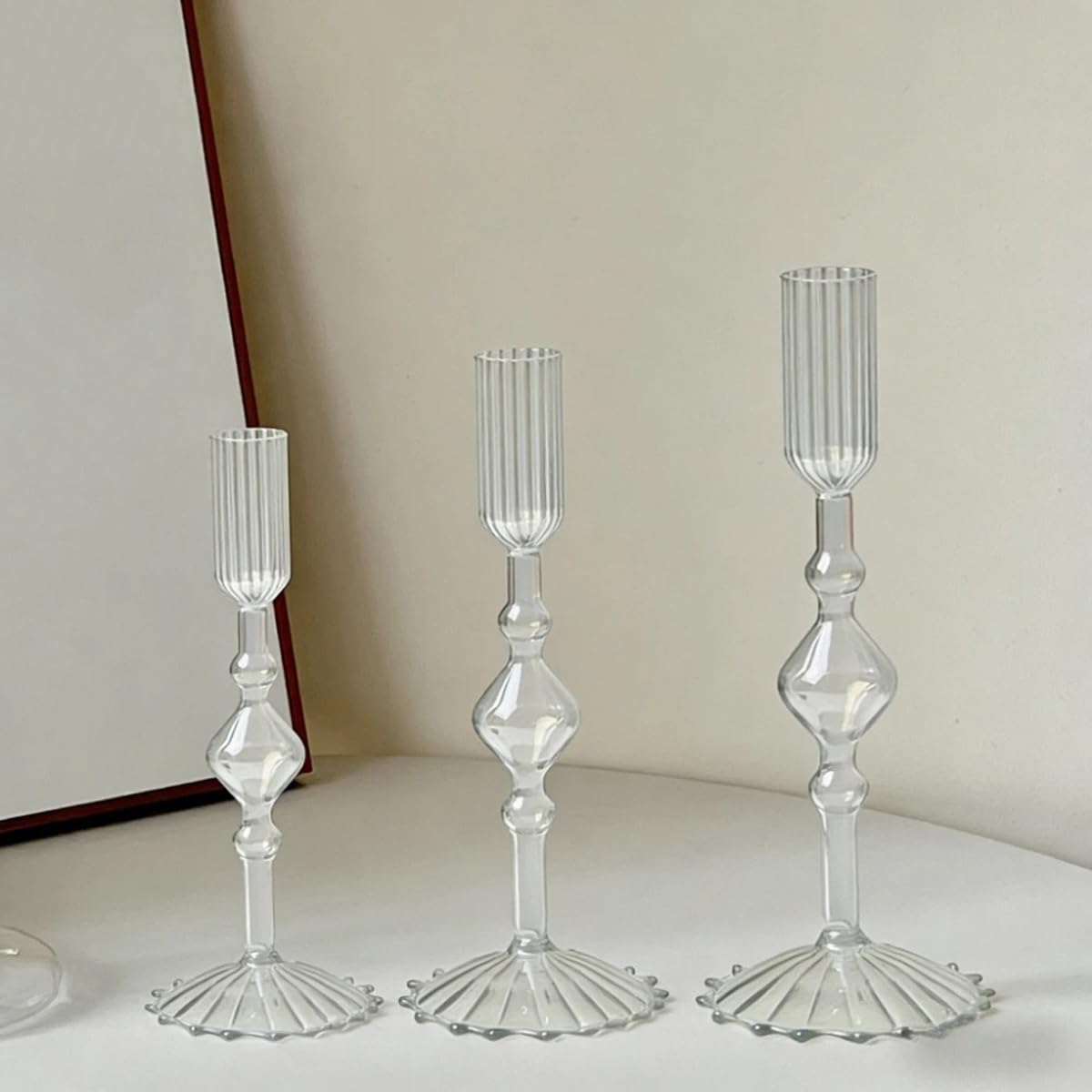 Mineaud 3Pcs Glass Candlestick Holders Glass Taper Candle Holders Groovy Wavy Elegant Candle Stick for Home Party Decoration,Styled-Clear