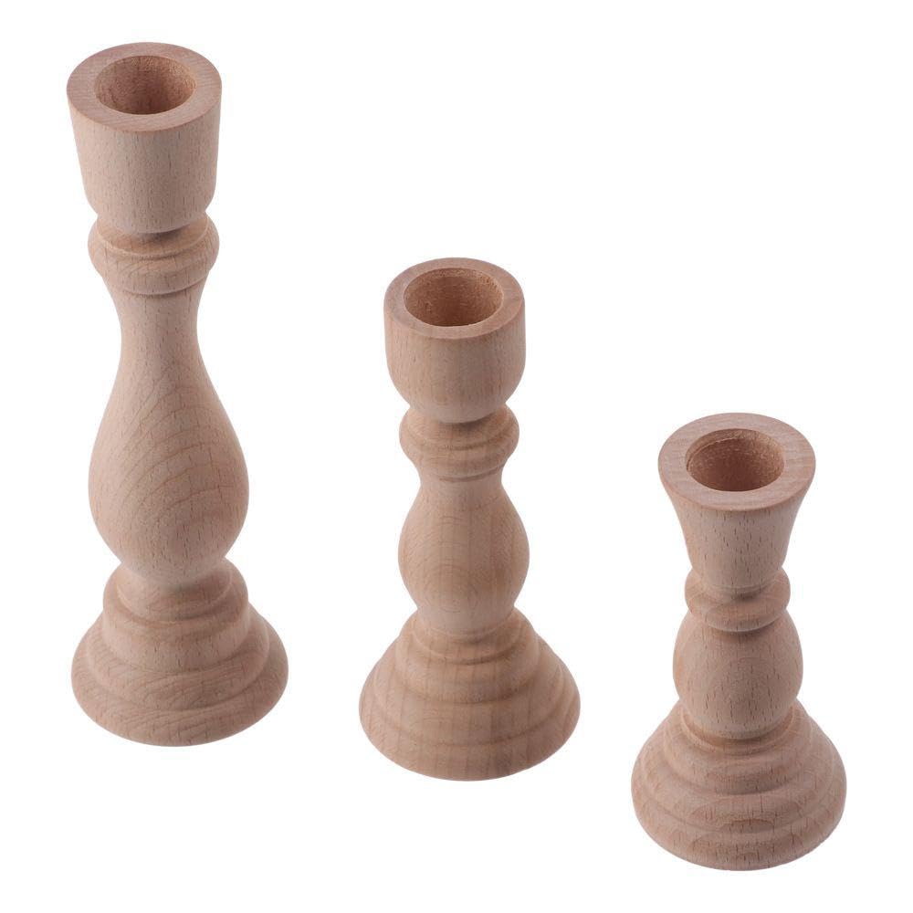 3 Pcs Wooden Candle Holders Wooden Farmhouse Candlesticks Unfinished Pillar Taper Candle Holders for DIY Spiral Taper Candle Home Decor