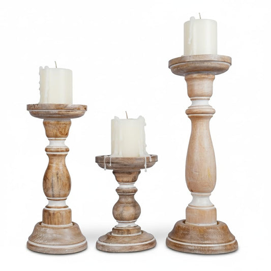 Mela Artisans 6”, 9” & 12” Mango Wood Pillar Candle Holder Set of 3 – Tuli Design Whitewashed – Wooden Candle Holders for Table, Mantel & Living Room Décor