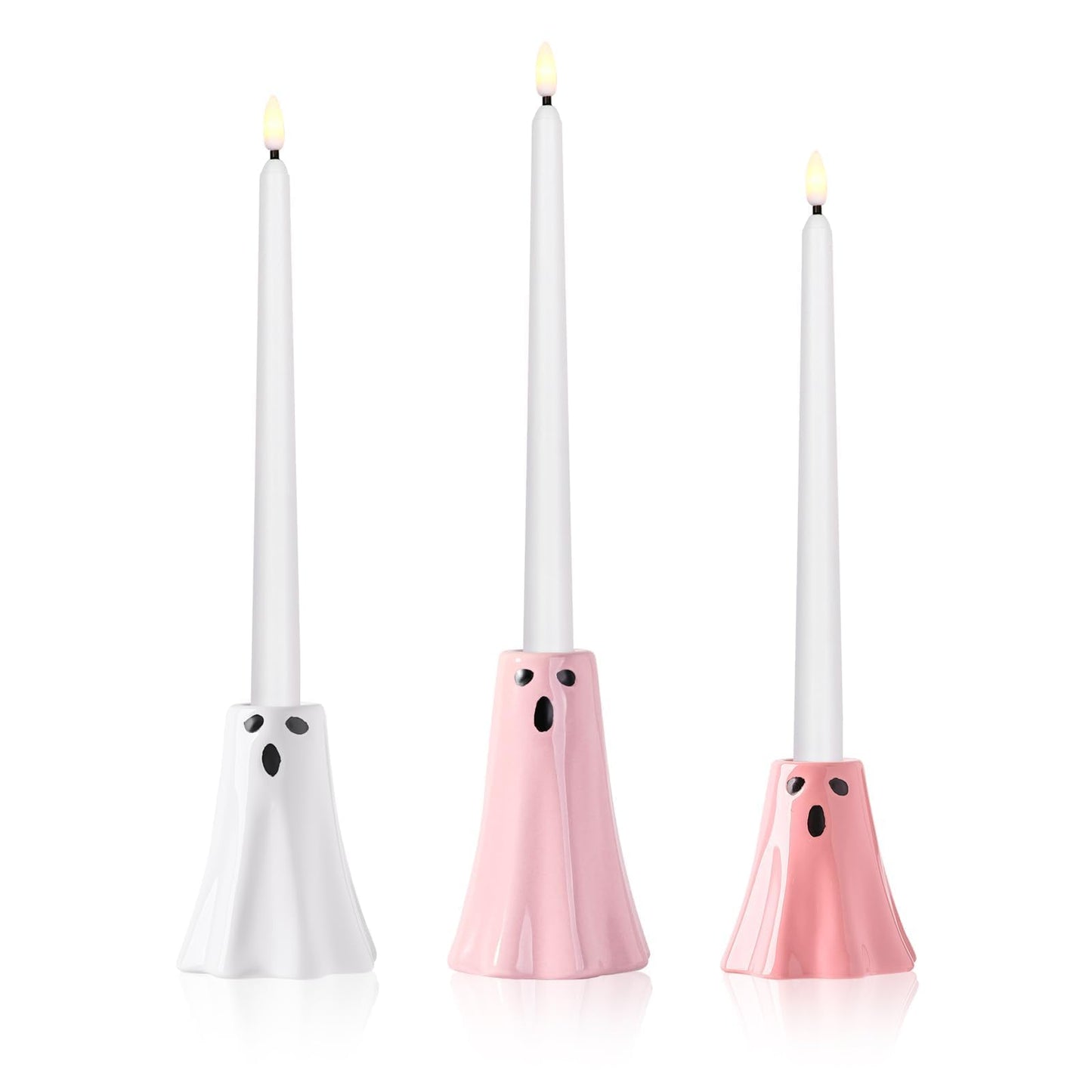 Halloween Ceramic Ghost Decor: Cute Pink Ghost Figurine Lamps Taper Candle Holder Sticks Halloween Table Decor, Pastel Decorations Indoor for Desk Office Mantel Home Fireplace Farmhouse Party Gifts