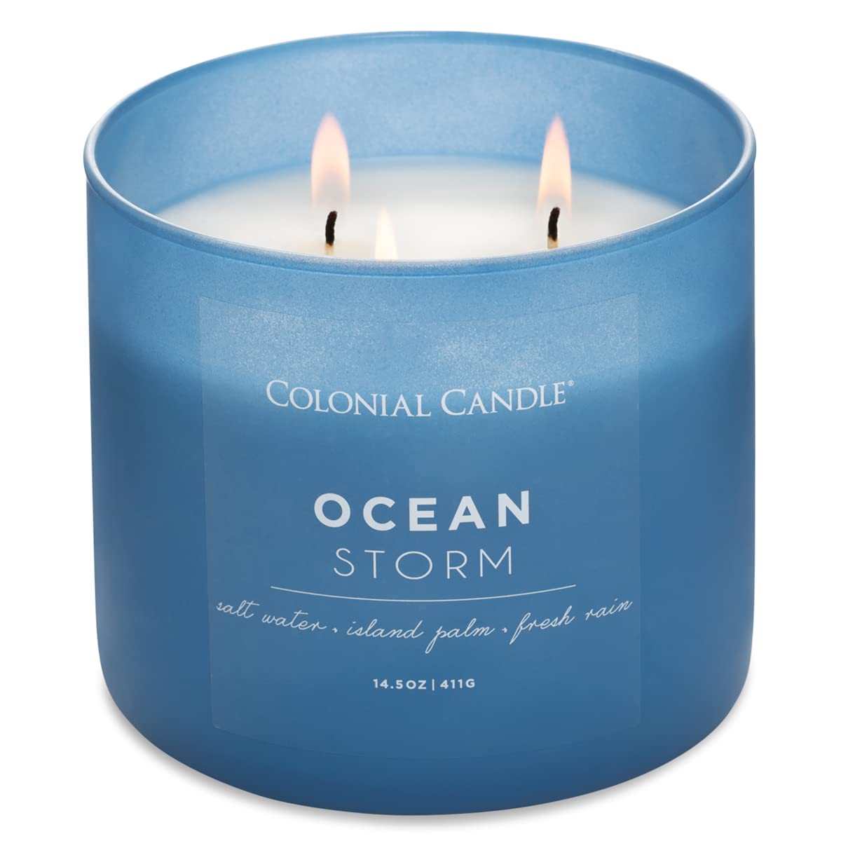Colonial Candle Ocean Storm Scented Jar Candle, Pop of Color Collection, 3 Wick, Blue, 14.5 oz - Up to 60 Hours Burn