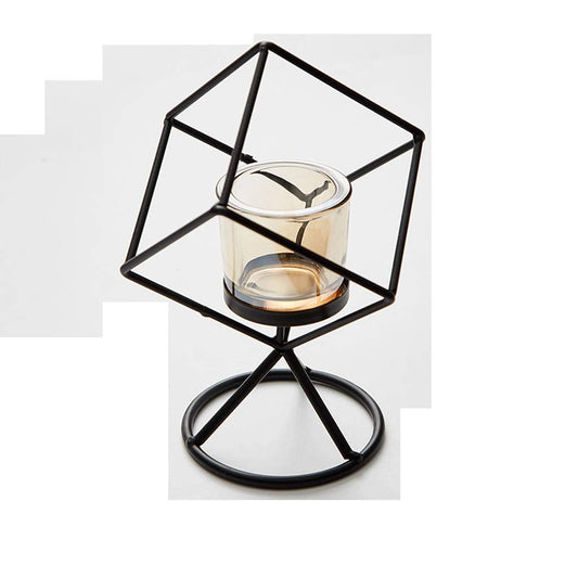 XILIN-1987 Candle Holderss Modern Metal Geometric Glass Candle Holder with Wrought Iron Bracket, Wedding/Party/Home Decoration Decorative Candlestick (Color : Black-b)