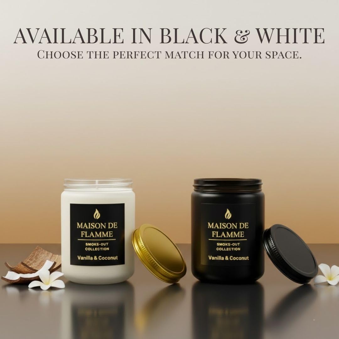 MAISON DE FLAMME Vanilla & Coconut Odor-Eliminating Scented Candle (White Jar, 200g/7oz) | Long-Lasting Premium Soy Wax Candle for Smoke, Kitchen & Pet Odors