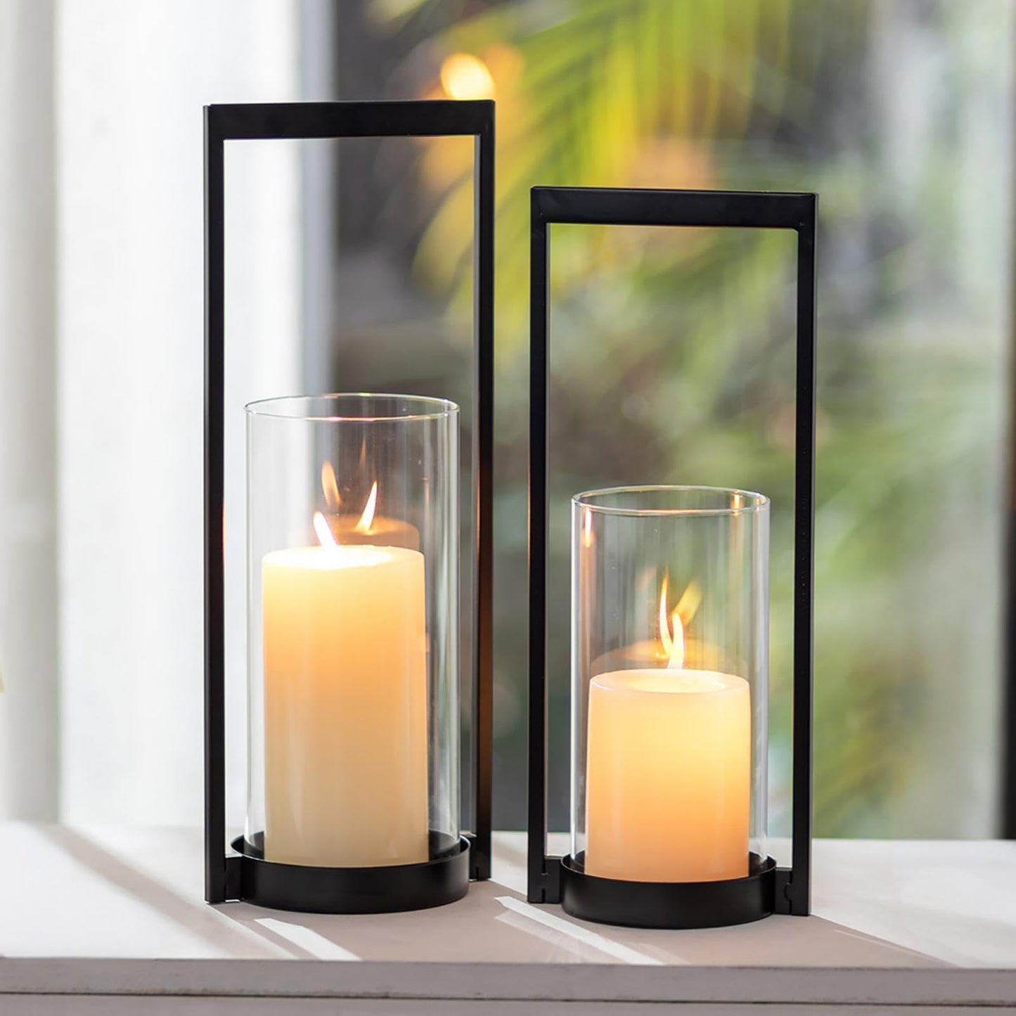 Sziqiqi Hurricane Candle Holder for Pillar: Black Modern Candle Holders for Table Centerpiece - Geometric Candle Stand Set of 2 with Glass for Living Room Fireplace Christmas Decor