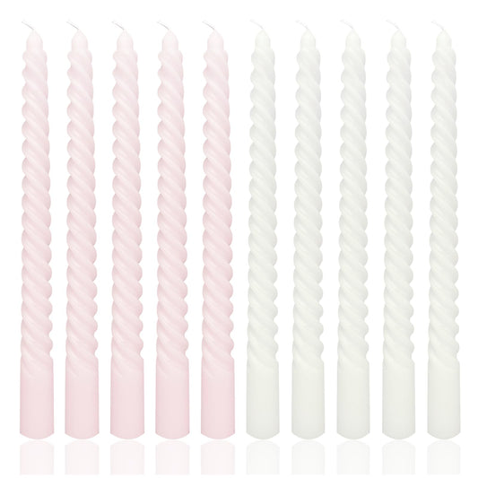 10 Inch White and Pink Spiral Taper Candle Set, 10 Pack Unscented Dripless Candlesticks for Dinner Baby Shower Party Brithday Wedding and Home Decoration