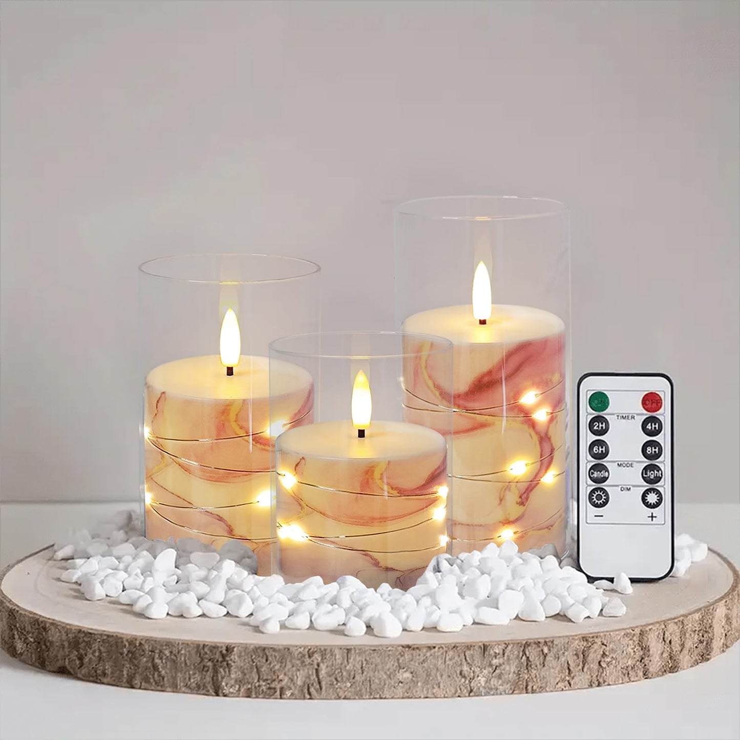 Flickering Flameless Candles Pink Marble Embedded Star String Lights, Battery Operated Acrylic LED Pillar Candles with 11-Key Remote and Timer for Home Decoration, 3 Pack