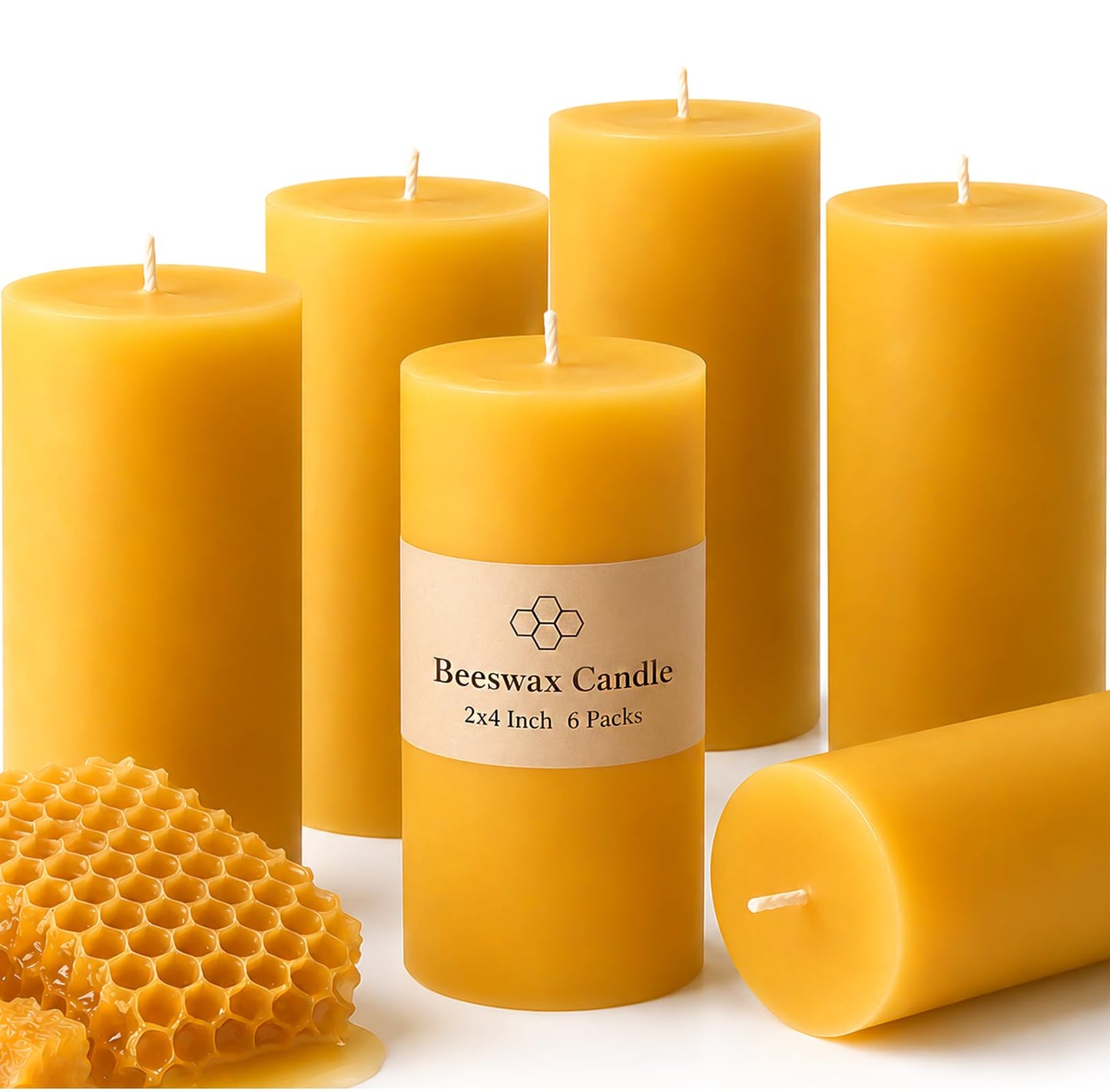 6 Packs Natural Beeswax Candles, 100% Pure Beeswax Pillar Candles for Emergency Prayer Home Decor, Bees Wax Candle for Relax, Smokeless & Dripless,2x4 Inch