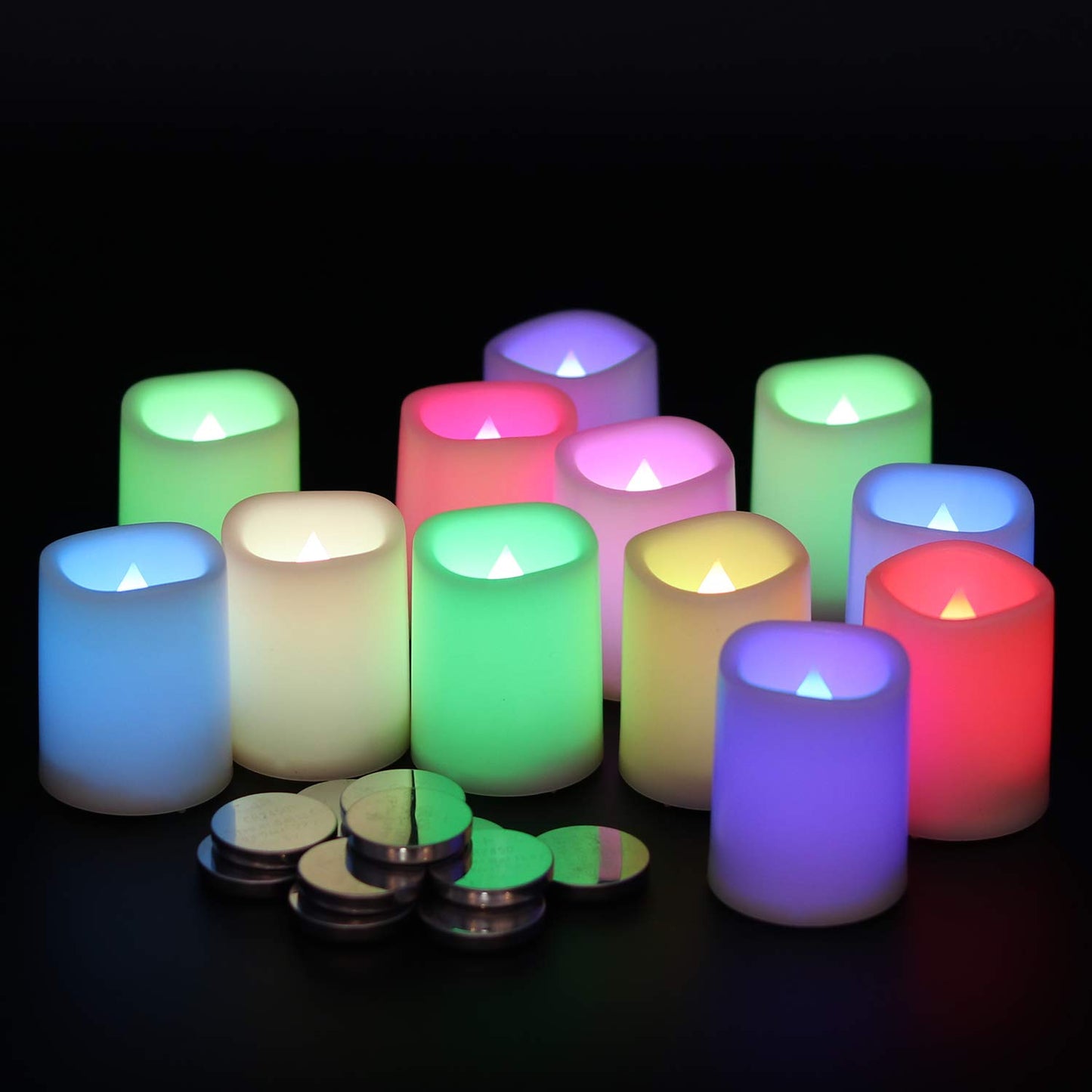 DRomance Color Changing Flameless Votive Candles with Remote and Timer, Battery Operated White LED Flickering 12 Pack Halloween Christmas Decor (1.5 x 2 Inches)