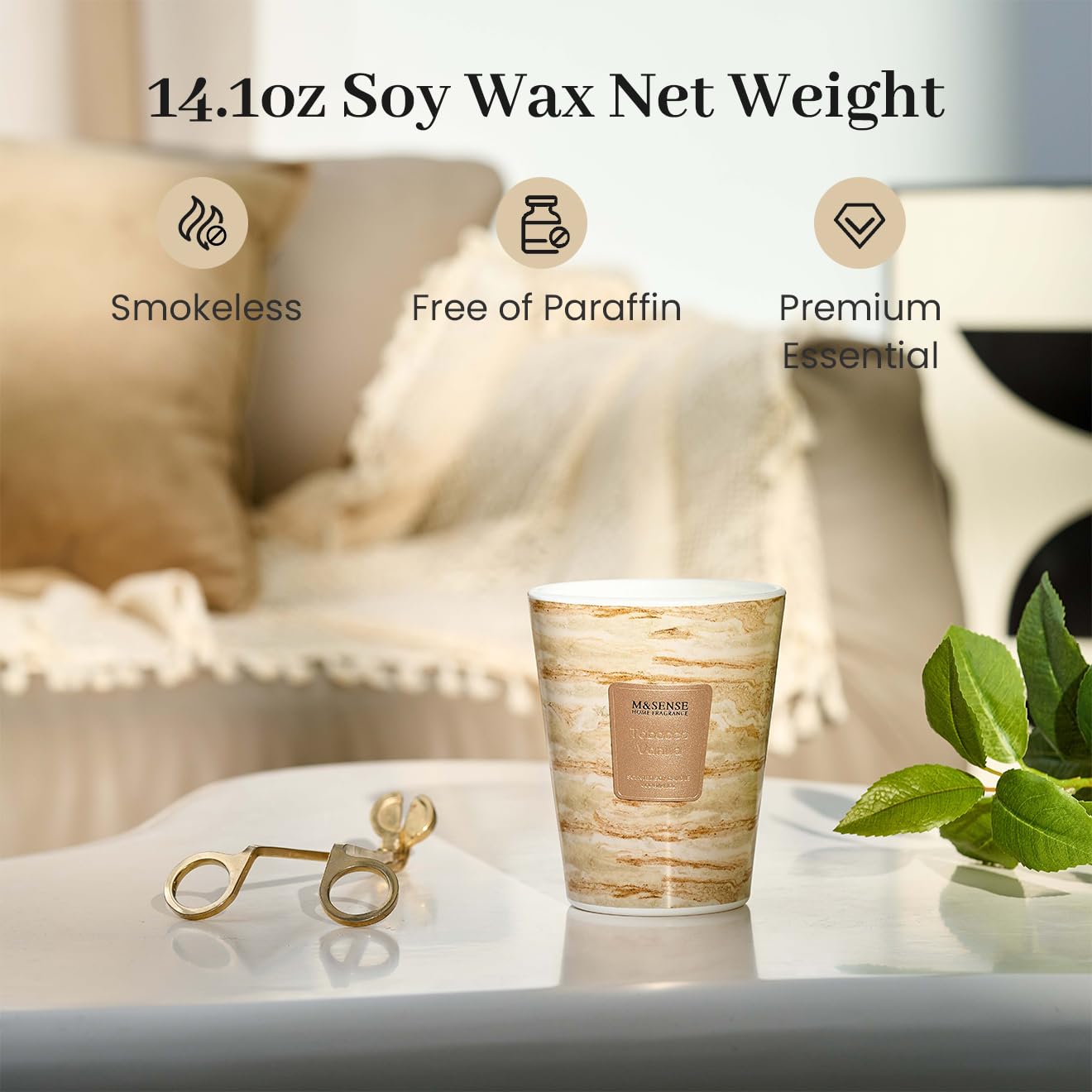 M&SENSE Tobacco Vanilla Scented Soy Candle, 3 Wick Highly Scented 14.1 Oz 75H, Aromatherapy Christmas Gift for Women and Men