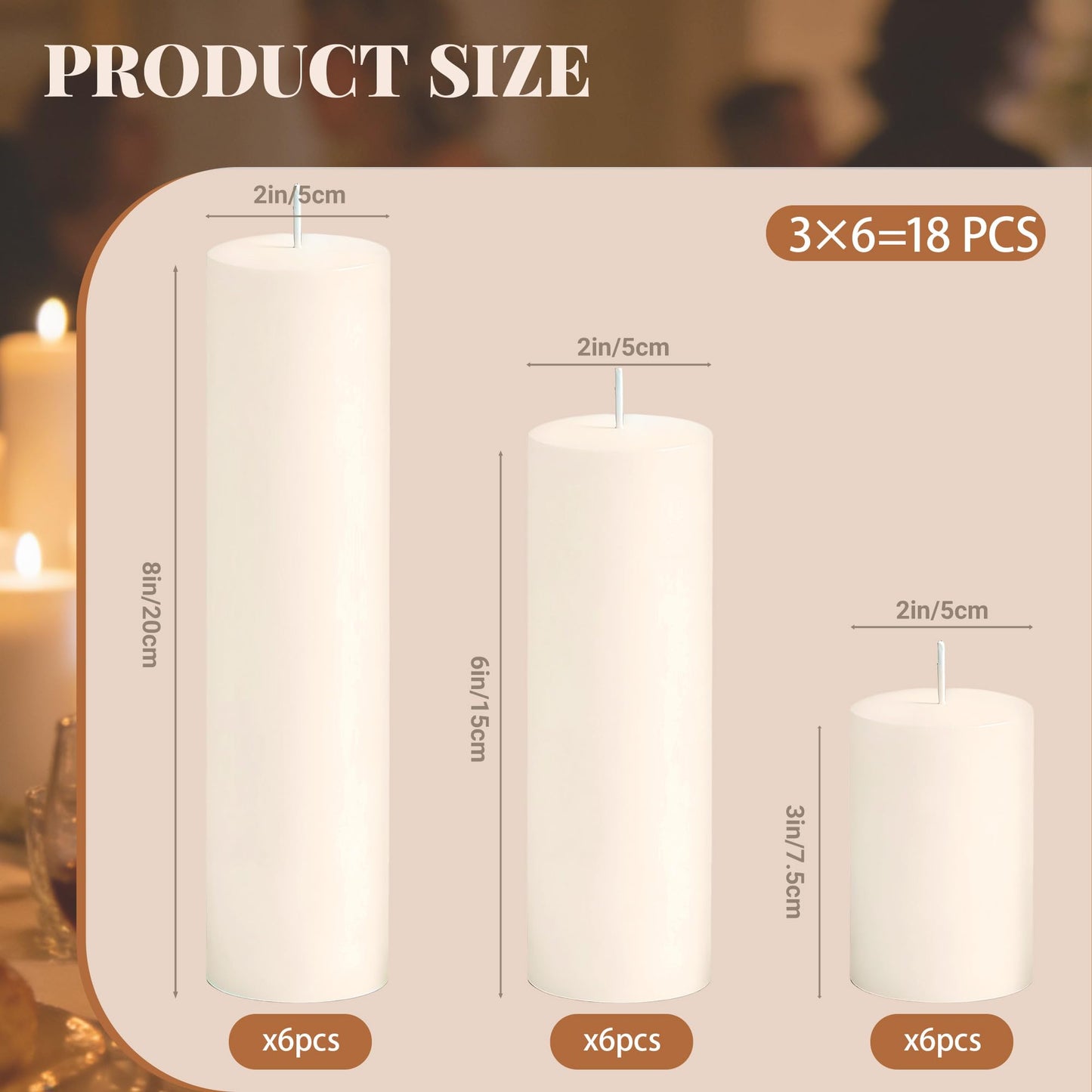 SDBALLBZ 18 Pcs Ivory Pillar Candles Bulk Set, 2x3” 2x6” 2x8” Paraffin Hurricane Candles, Unscented Dripless Smokeless, Long Burning for Party Wedding Events Home Decor