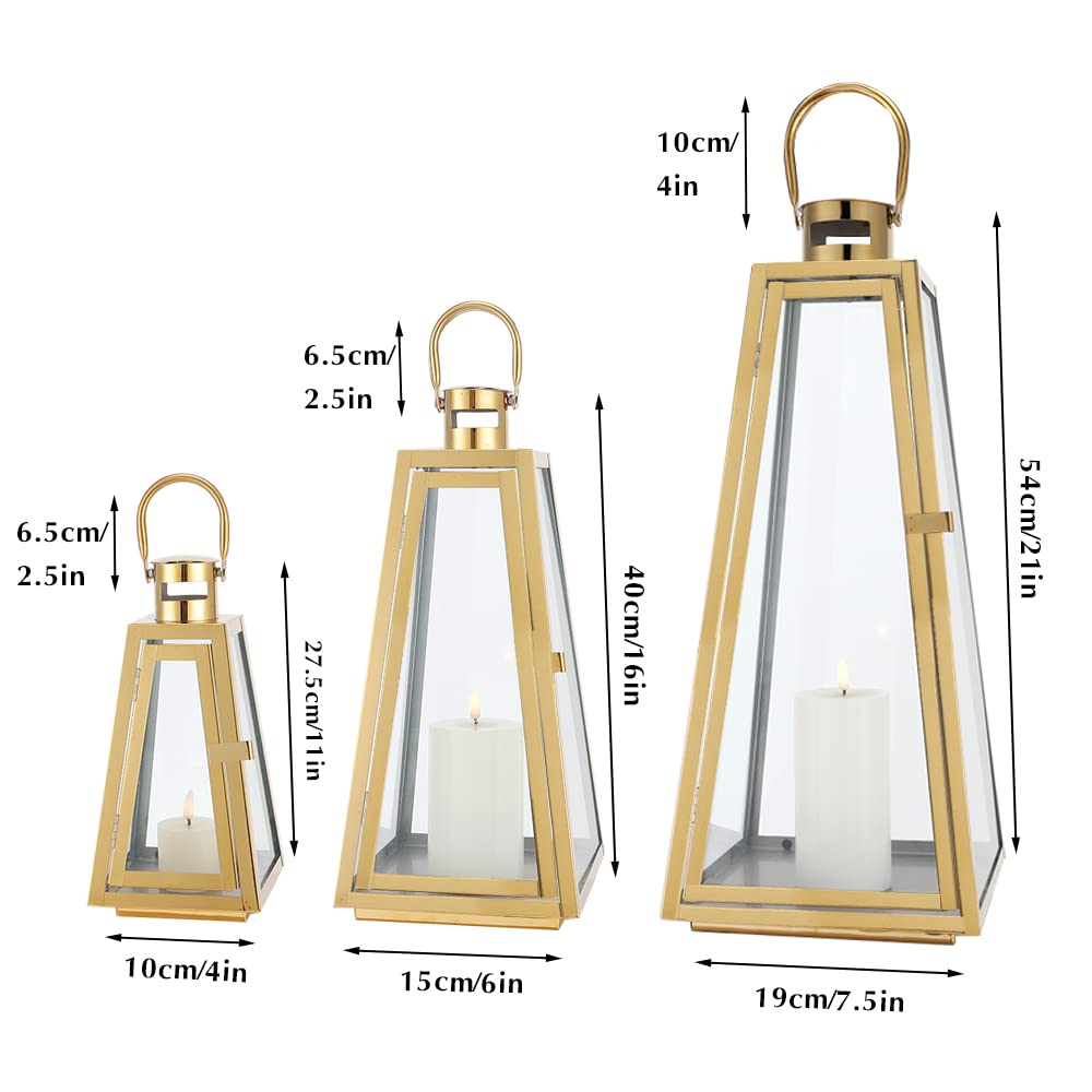 TRIROCKS Set of 3 Stainless Steel Candle Lantern 21/16/11''H Metal Outdoor Candle Holder Decorative Hanging Lantern with Tempered Glass for Home Living Room Parties Event Indoor Outdoor(Gold Triangle)