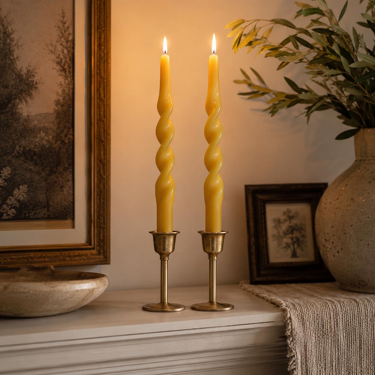 Beeswax Spiral Taper Candles Set of 2, 10 Inch Handmade Beeswax Candle Sticks, Natural Tapered Candles, Decorative Candlesticks for Wedding Dinner Home Gift